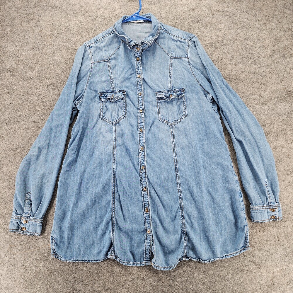 Maurices Dress Womens 1X Button Up Long Sleeve Blue Short